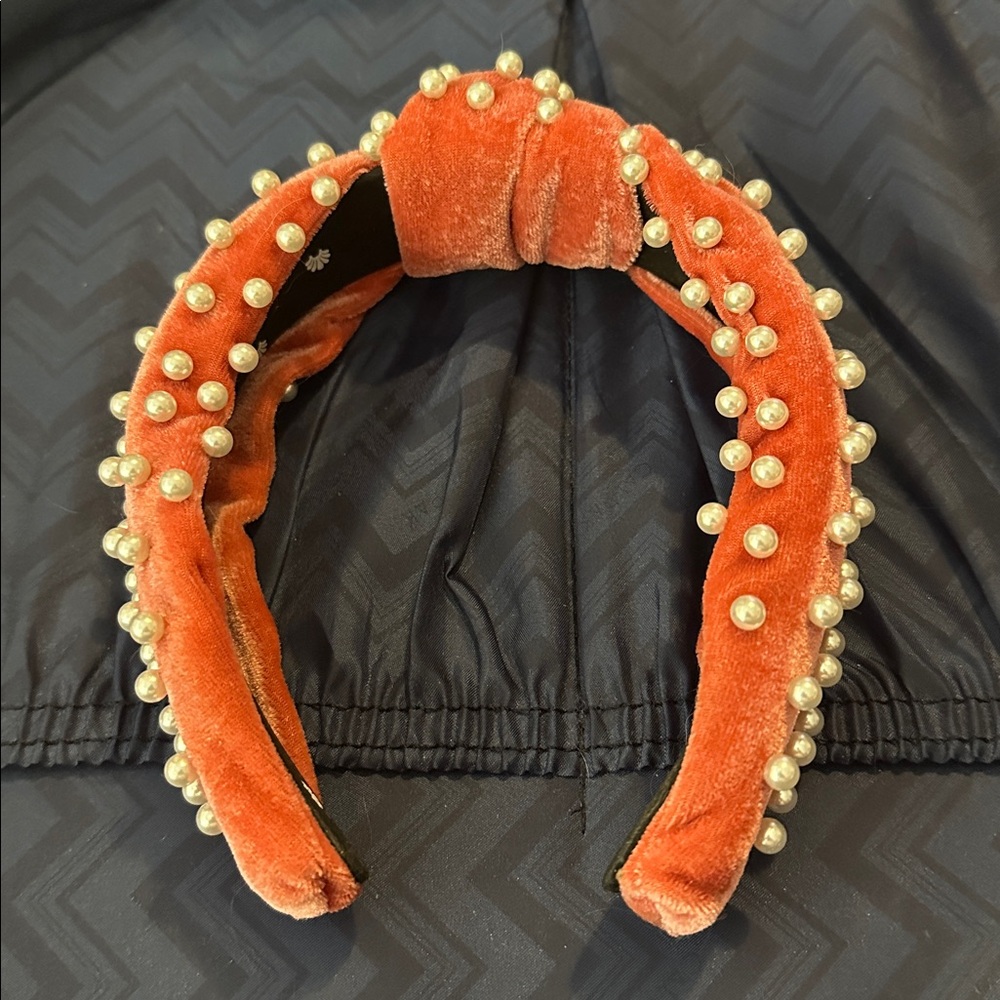 Lele Sadoughi Orange Velvet Headband with Pearls